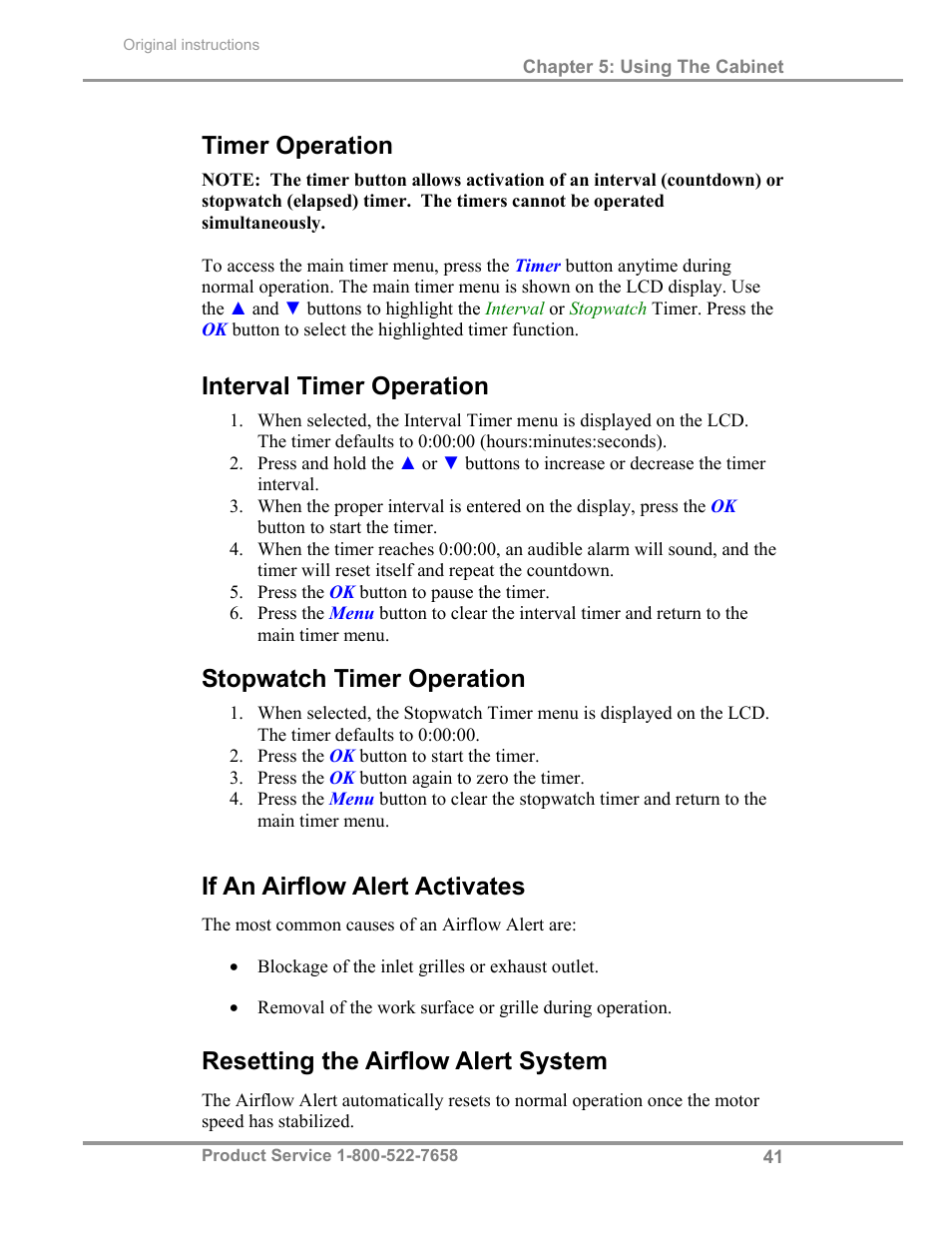 Timer operation, Interval timer operation, Stopwatch timer operation | If an airflow alert activates, Resetting the airflow alert system | Labconco Biological Safety Cabinets 34269 Series User Manual | Page 47 / 77