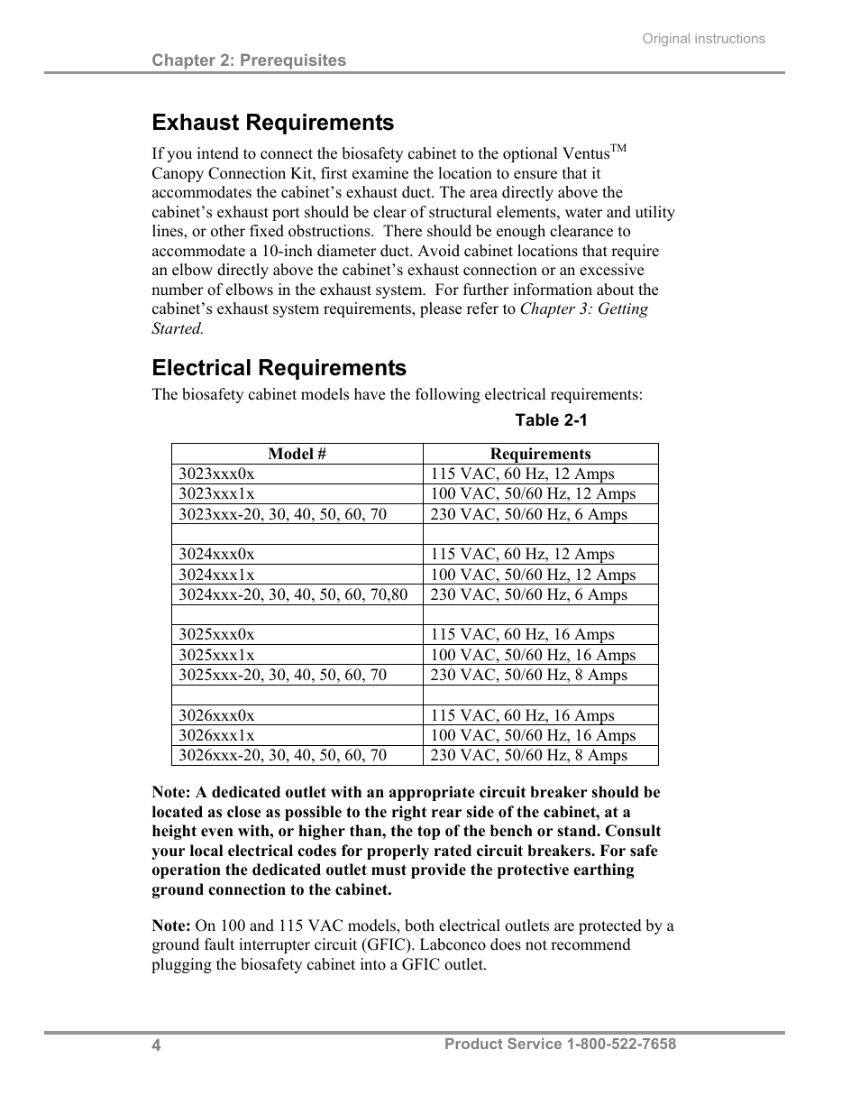 Exhaust requirements, Electrical requirements | Labconco Biological Safety Cabinets 30268 Series User Manual | Page 10 / 61