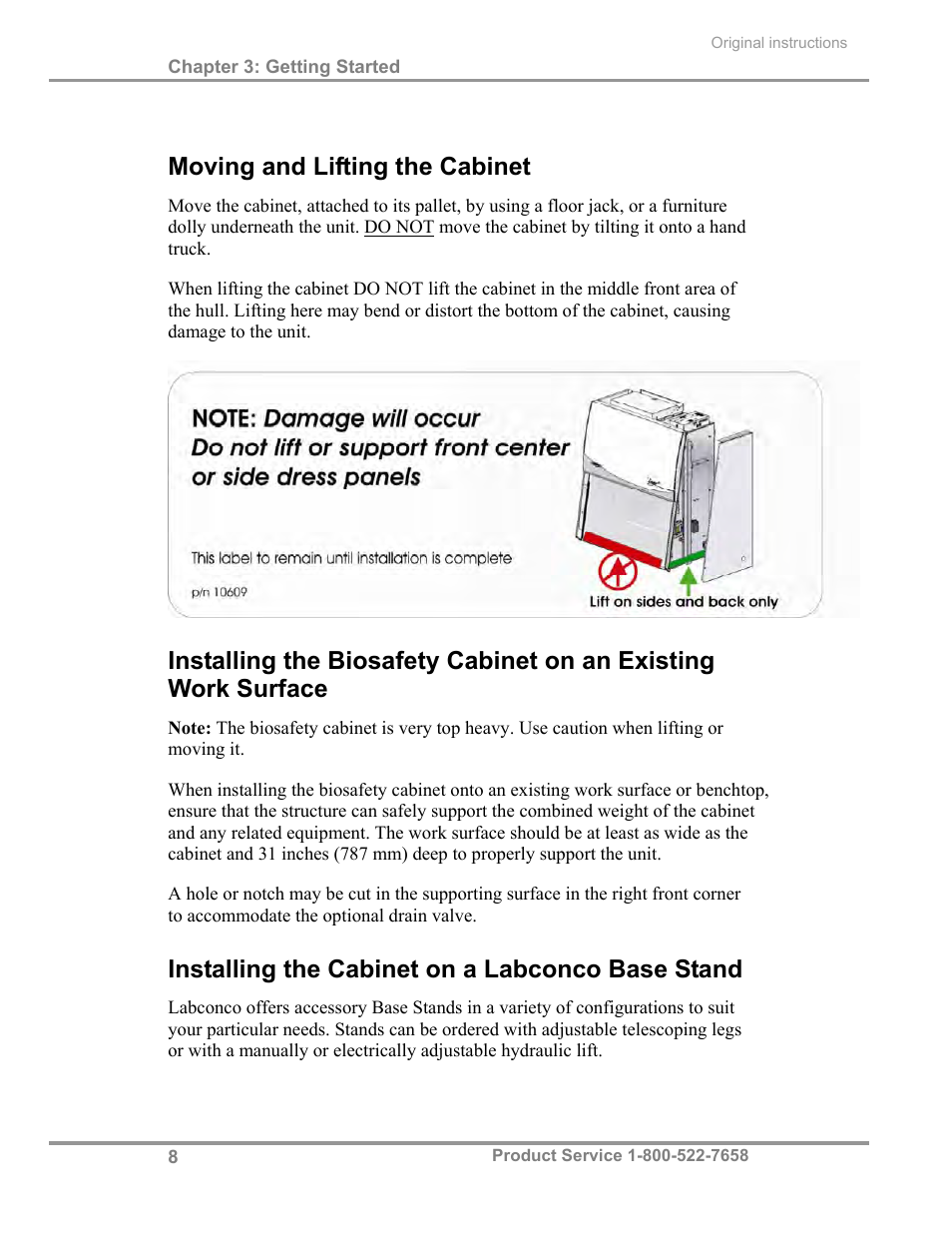 Moving and lifting the cabinet, Installing the cabinet on a labconco base stand | Labconco Biological Safety Cabinets 30268 Series User Manual | Page 14 / 61