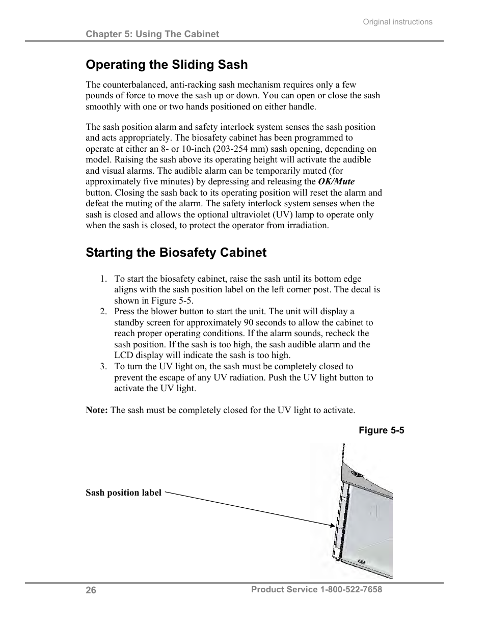 Operating the sliding sash, Starting the biosafety cabinet | Labconco Biological Safety Cabinets 30268 Series User Manual | Page 32 / 61