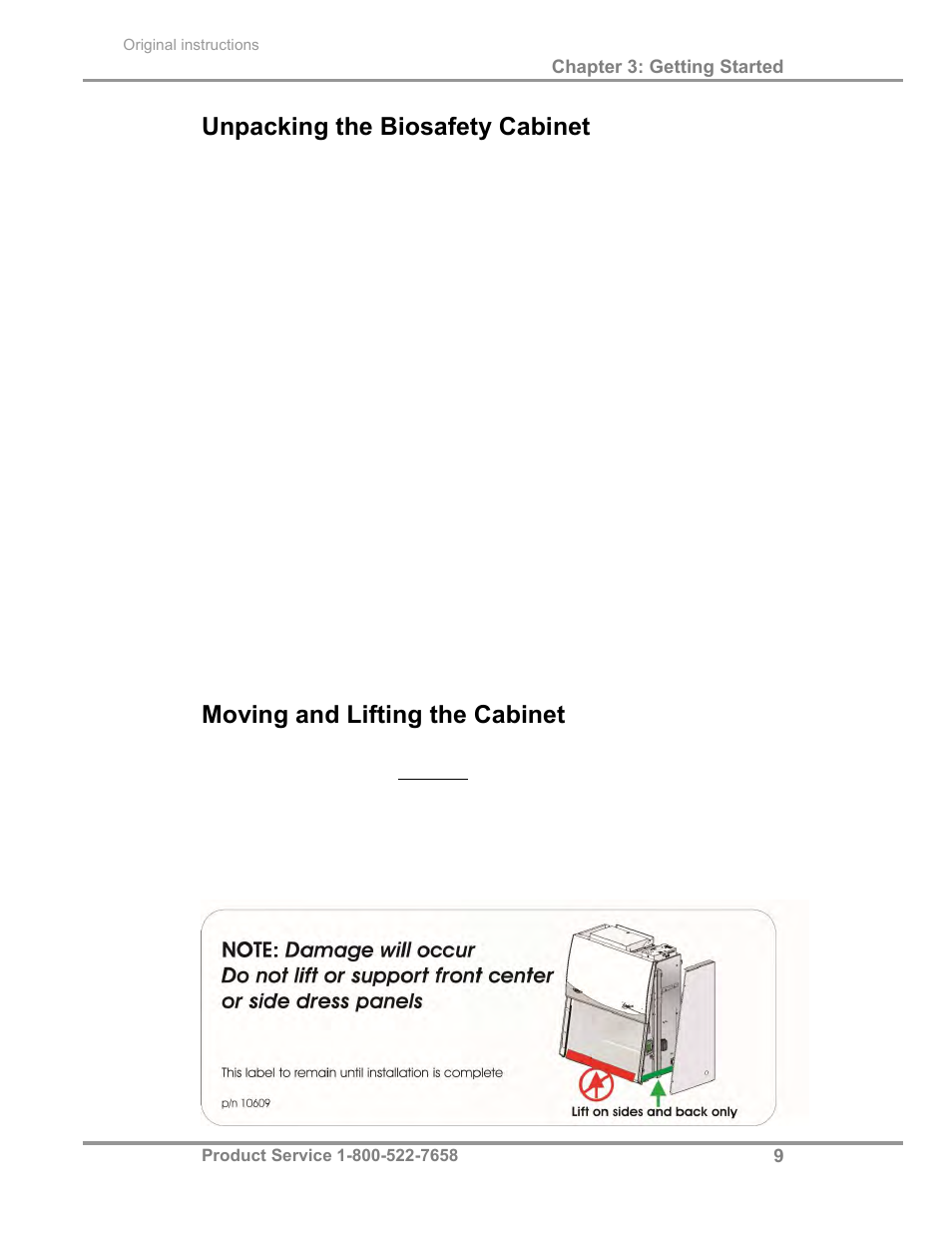 Unpacking the biosafety cabinet, Moving and lifting the cabinet | Labconco Biological Safety Cabinets 30468 Series User Manual | Page 15 / 71