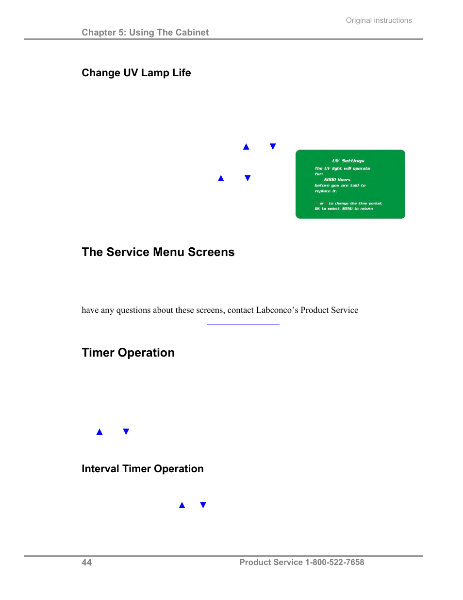The service menu screens, Timer operation | Labconco Biological Safety Cabinets 30468 Series User Manual | Page 50 / 71