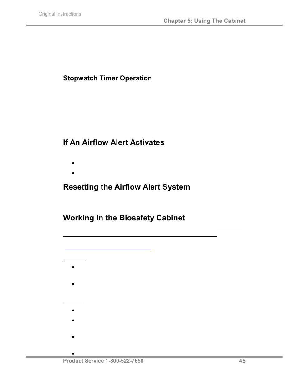 If an airflow alert activates, Resetting the airflow alert system, Working in the biosafety cabinet | Labconco Biological Safety Cabinets 30468 Series User Manual | Page 51 / 71