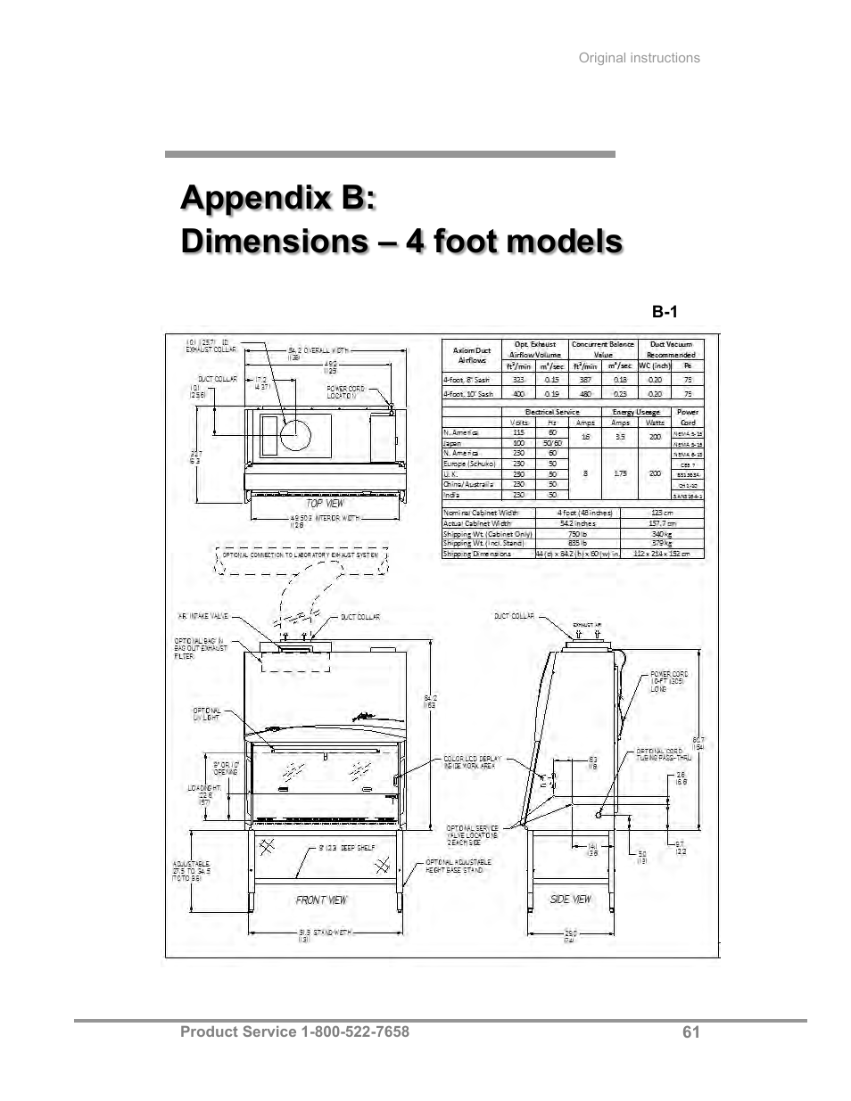 Appendix b: dimensions – 4 foot models | Labconco Biological Safety Cabinets 30468 Series User Manual | Page 67 / 71