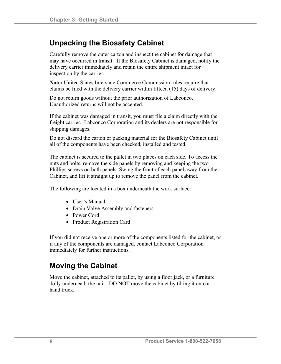 Unpacking the biosafety cabinet, Moving the cabinet | Labconco Biological Safety Cabinets 34609 Series User Manual | Page 13 / 85