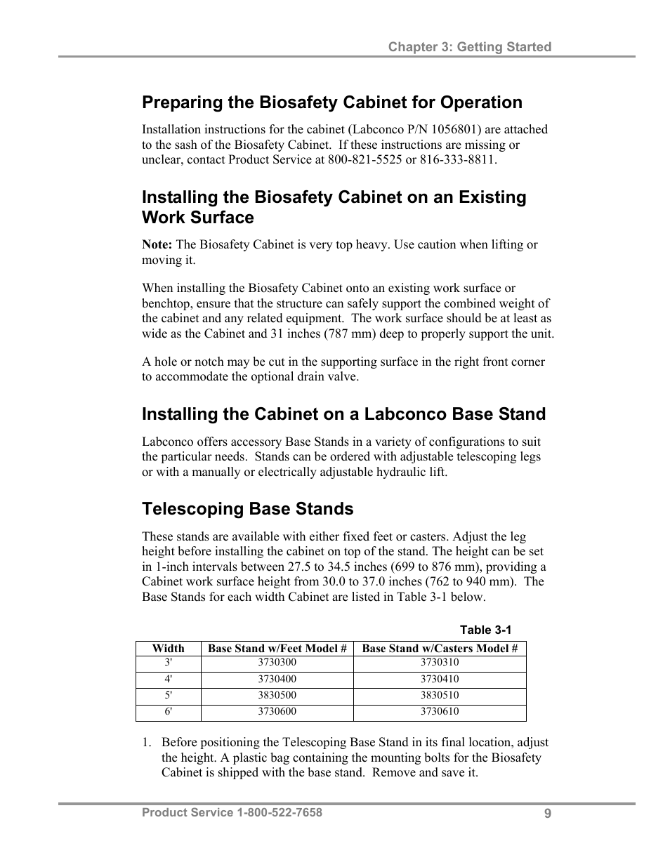 Preparing the biosafety cabinet for operation, Installing the cabinet on a labconco base stand, Telescoping base stands | Labconco Biological Safety Cabinets 34609 Series User Manual | Page 14 / 85