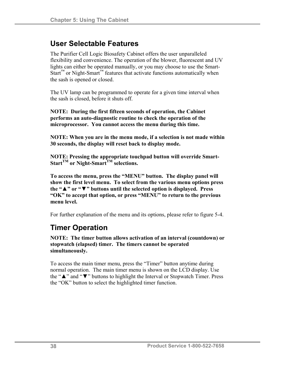 User selectable features, Timer operation | Labconco Biological Safety Cabinets 34609 Series User Manual | Page 43 / 85