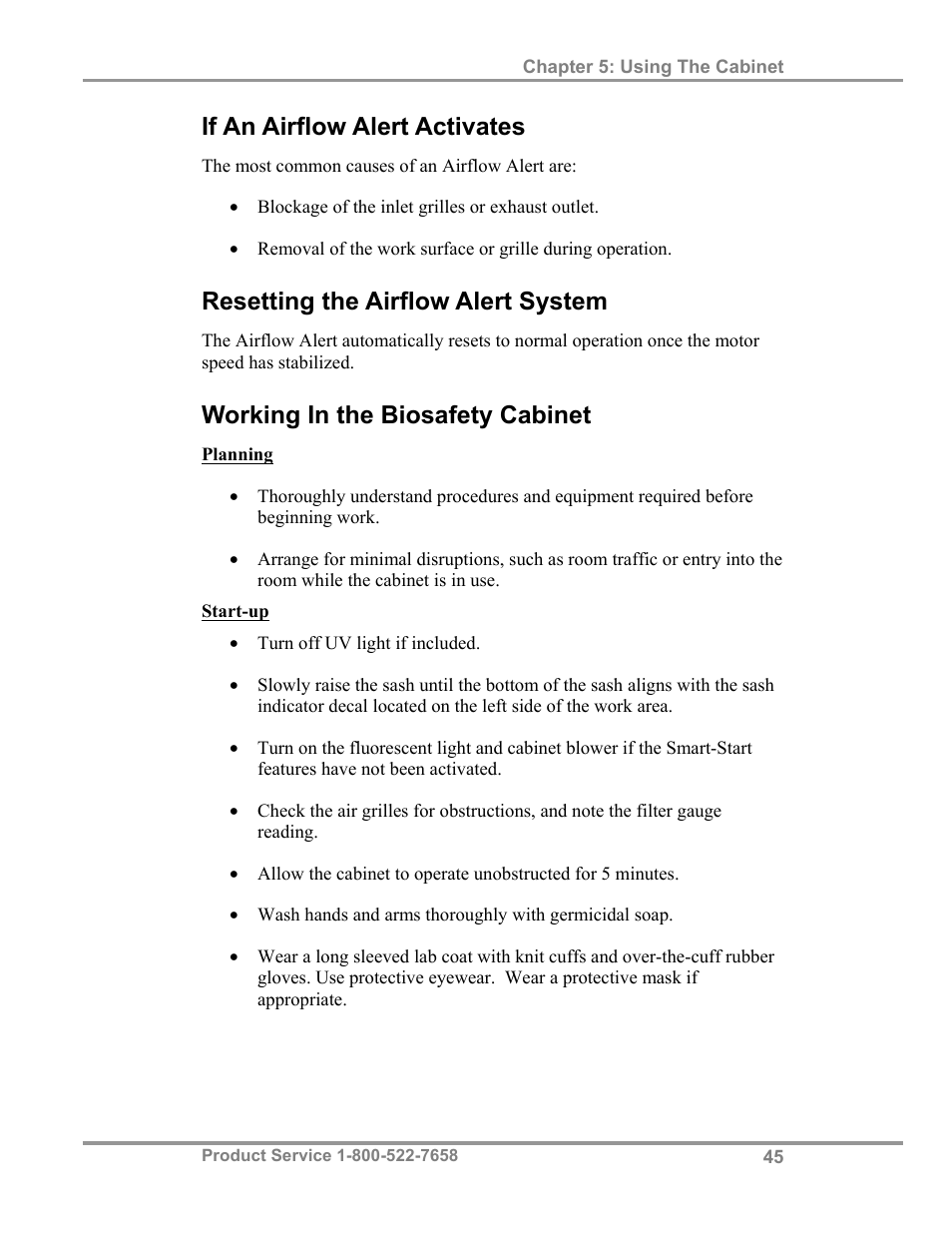 If an airflow alert activates, Resetting the airflow alert system, Working in the biosafety cabinet | Labconco Biological Safety Cabinets 34609 Series User Manual | Page 50 / 85