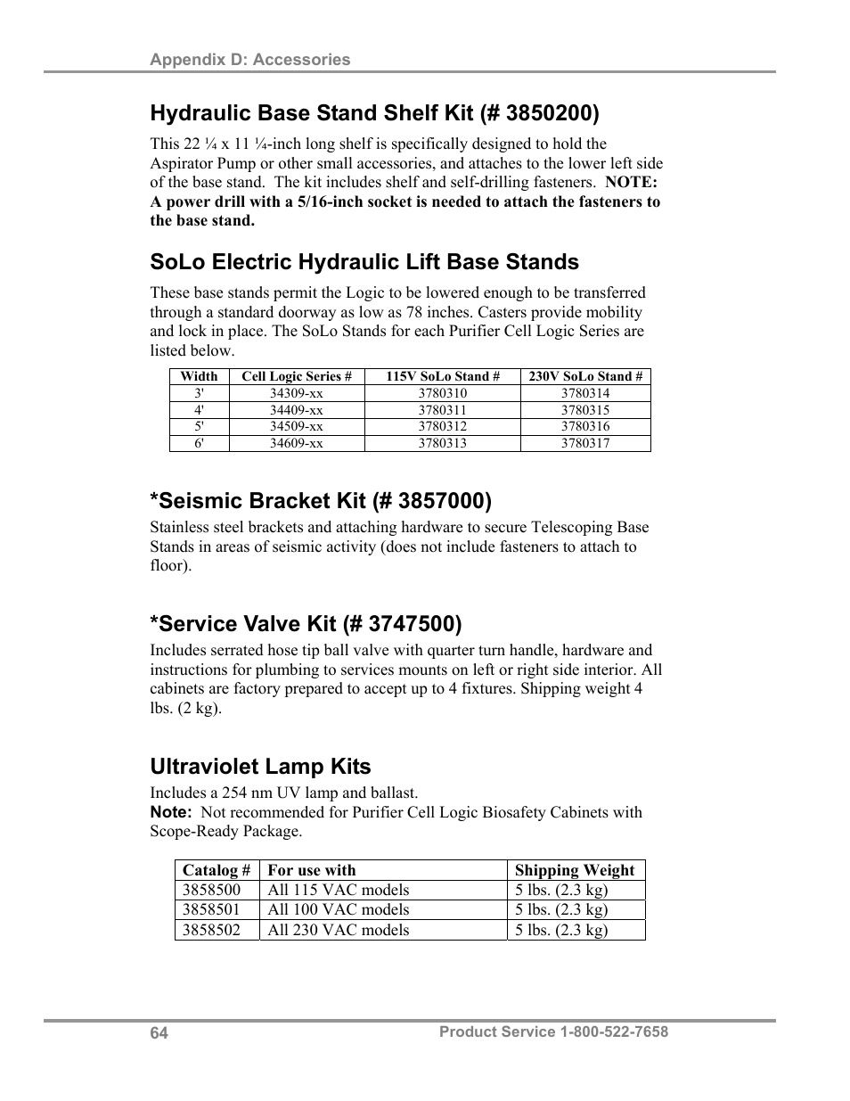 Solo electric hydraulic lift base stands, Ultraviolet lamp kits | Labconco Biological Safety Cabinets 34609 Series User Manual | Page 69 / 85