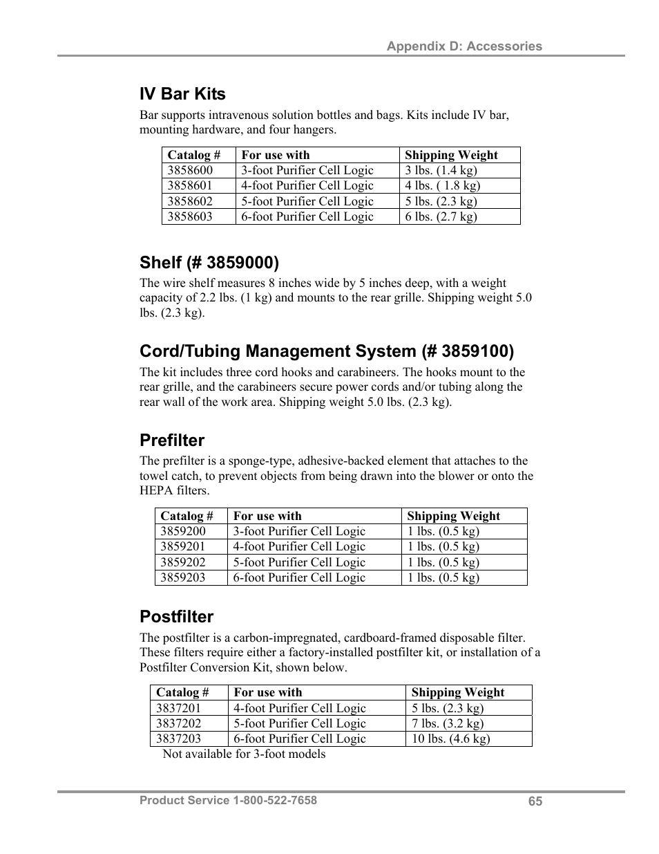 Iv bar kits, Prefilter, Postfilter | Labconco Biological Safety Cabinets 34609 Series User Manual | Page 70 / 85