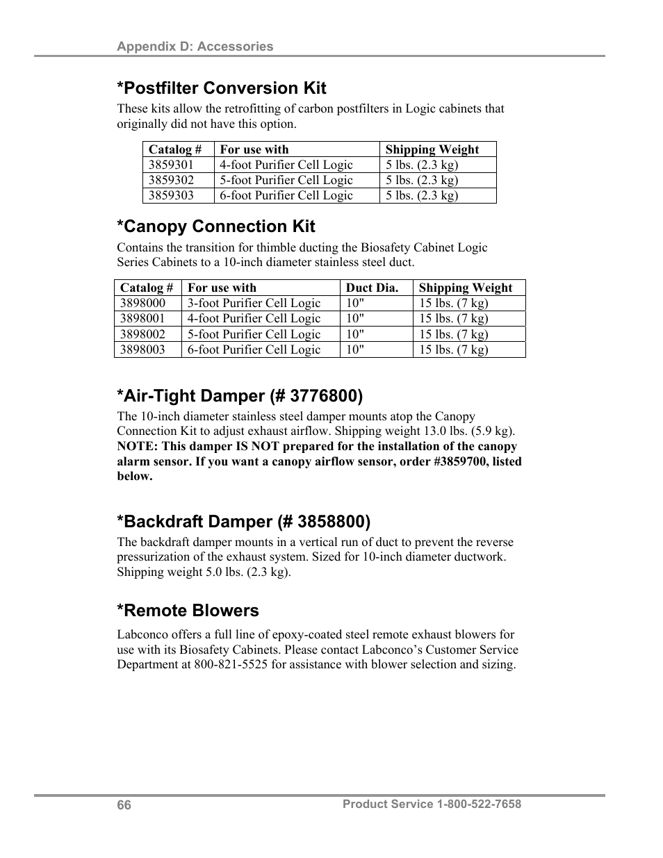 Postfilter conversion kit, Canopy connection kit, Remote blowers | Labconco Biological Safety Cabinets 34609 Series User Manual | Page 71 / 85