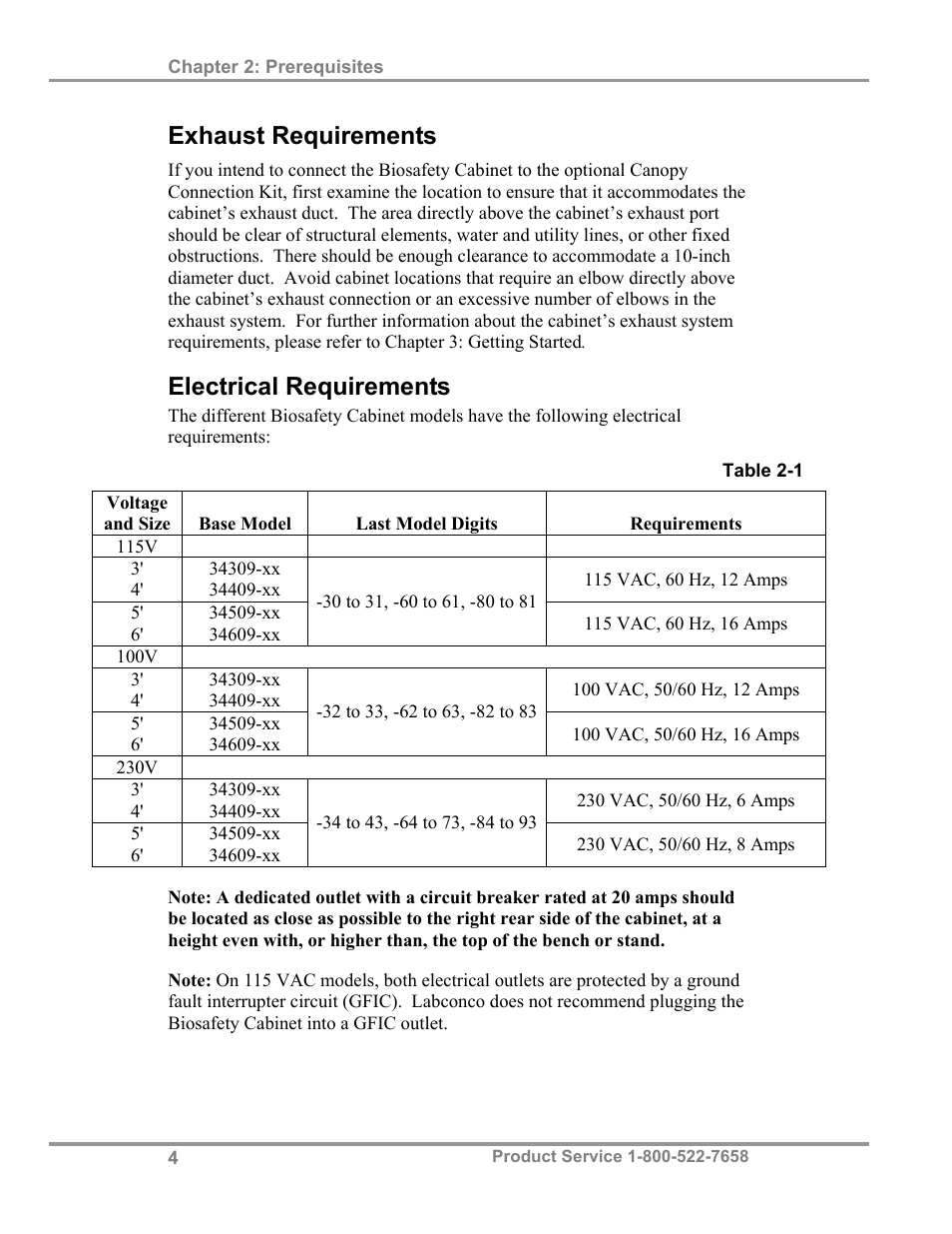 Exhaust requirements, Electrical requirements | Labconco Biological Safety Cabinets 34609 Series User Manual | Page 9 / 85