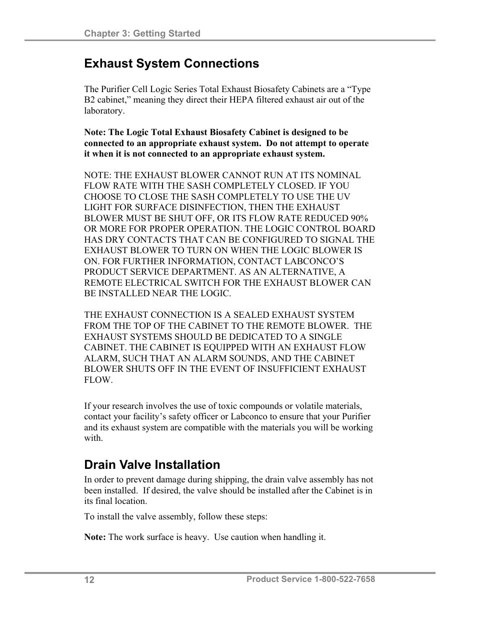 Exhaust system connections, Drain valve installation | Labconco Biological Safety Cabinets 34610 Series User Manual | Page 17 / 85