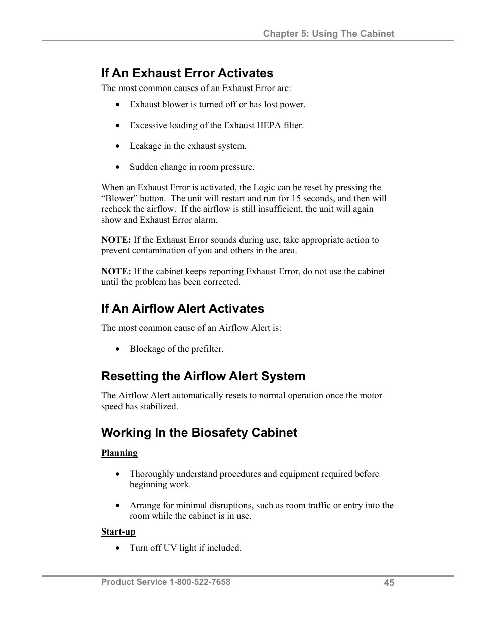 If an exhaust error activates, If an airflow alert activates, Resetting the airflow alert system | Working in the biosafety cabinet | Labconco Biological Safety Cabinets 34610 Series User Manual | Page 50 / 85