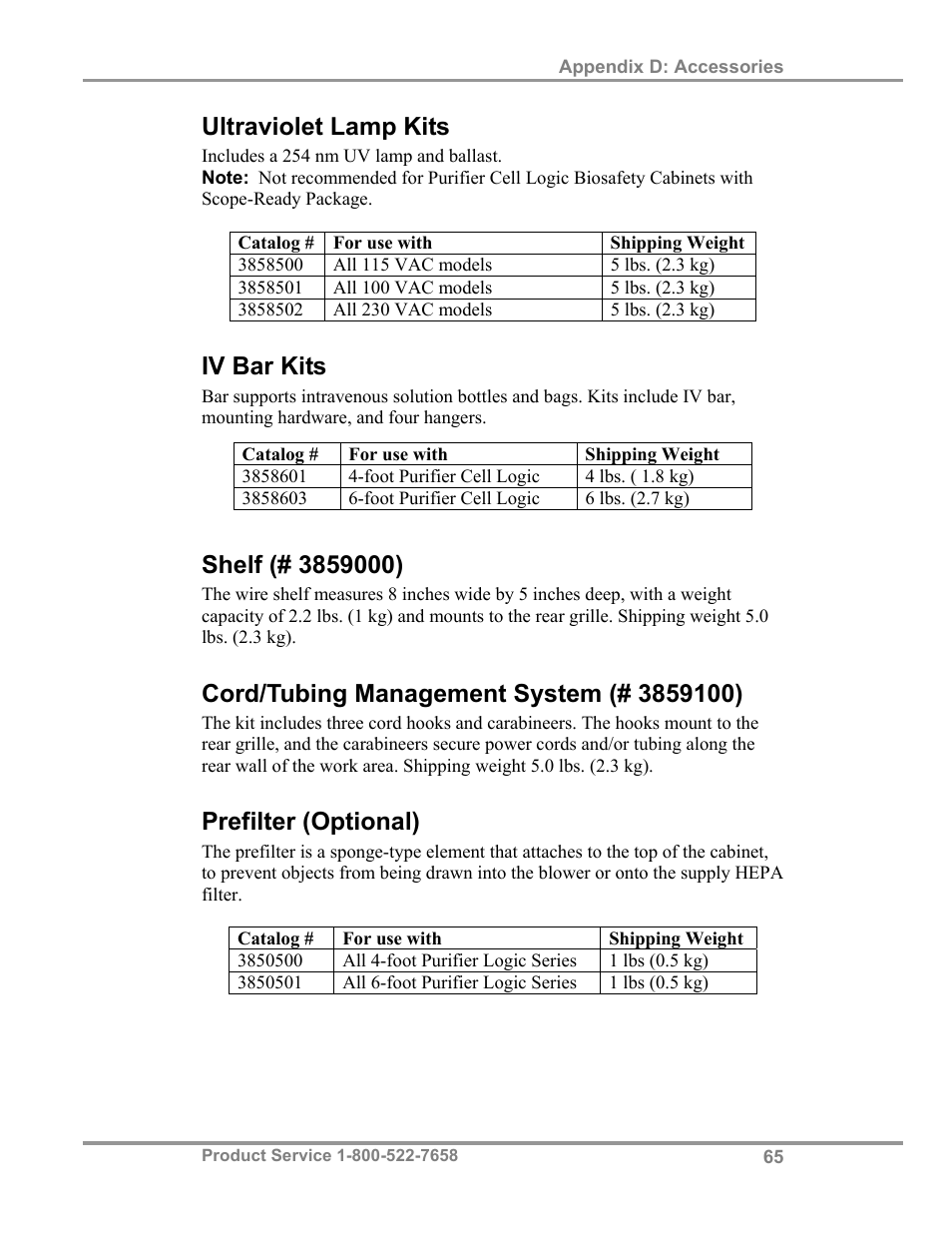 Ultraviolet lamp kits, Iv bar kits, Prefilter (optional) | Labconco Biological Safety Cabinets 34610 Series User Manual | Page 70 / 85