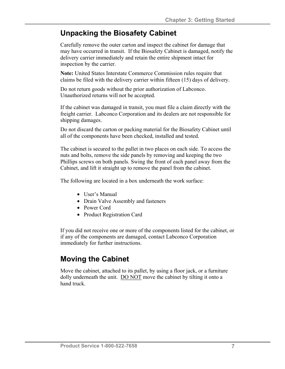Unpacking the biosafety cabinet, Moving the cabinet | Labconco Biological Safety Cabinets 34610 Series User Manual | Page 12 / 67