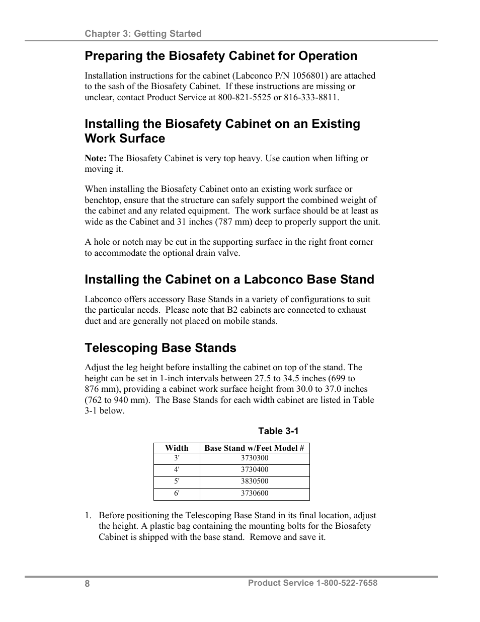 Preparing the biosafety cabinet for operation, Installing the cabinet on a labconco base stand, Telescoping base stands | Labconco Biological Safety Cabinets 34610 Series User Manual | Page 13 / 67