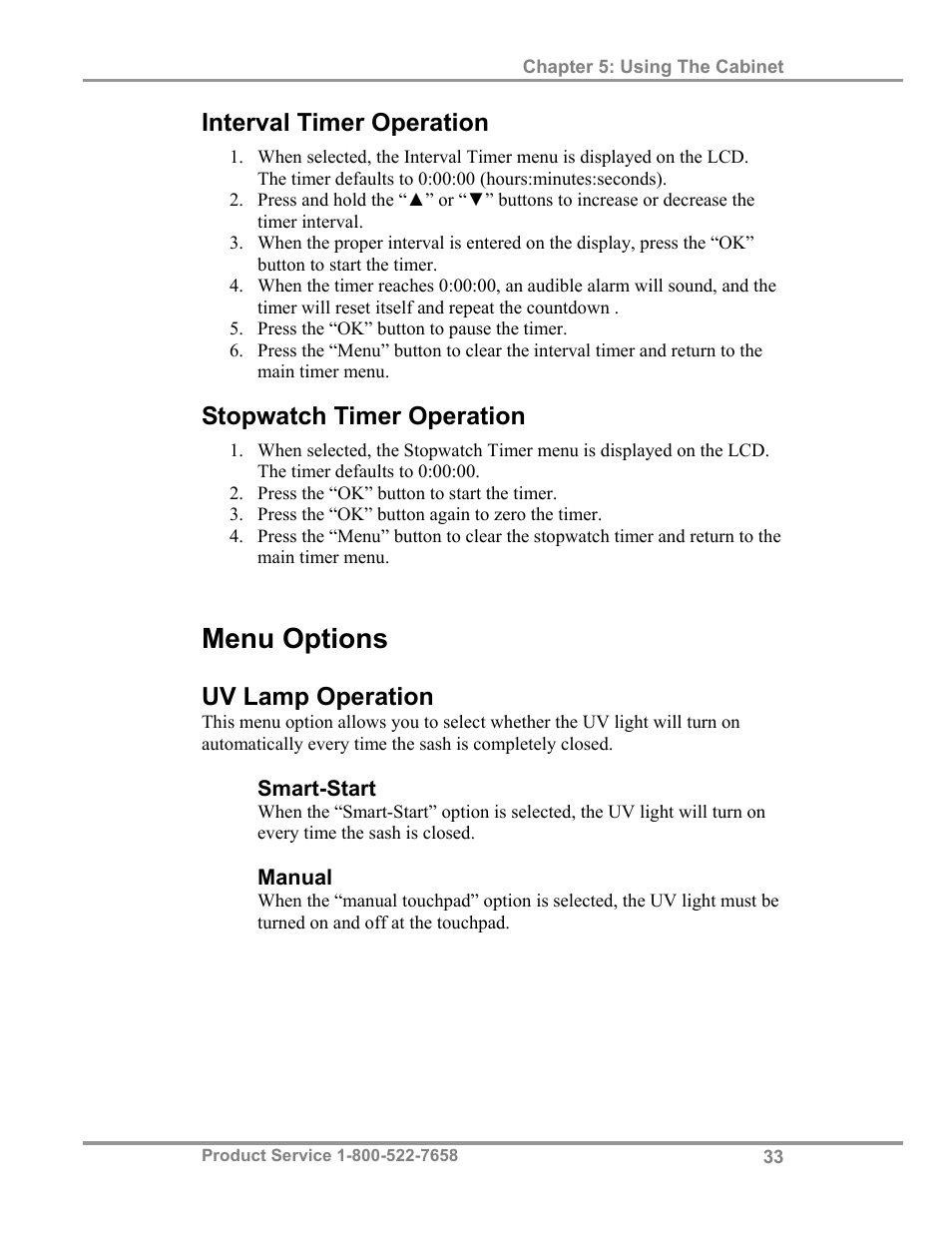 Menu options, Interval timer operation, Stopwatch timer operation | Uv lamp operation | Labconco Biological Safety Cabinets 34610 Series User Manual | Page 38 / 67