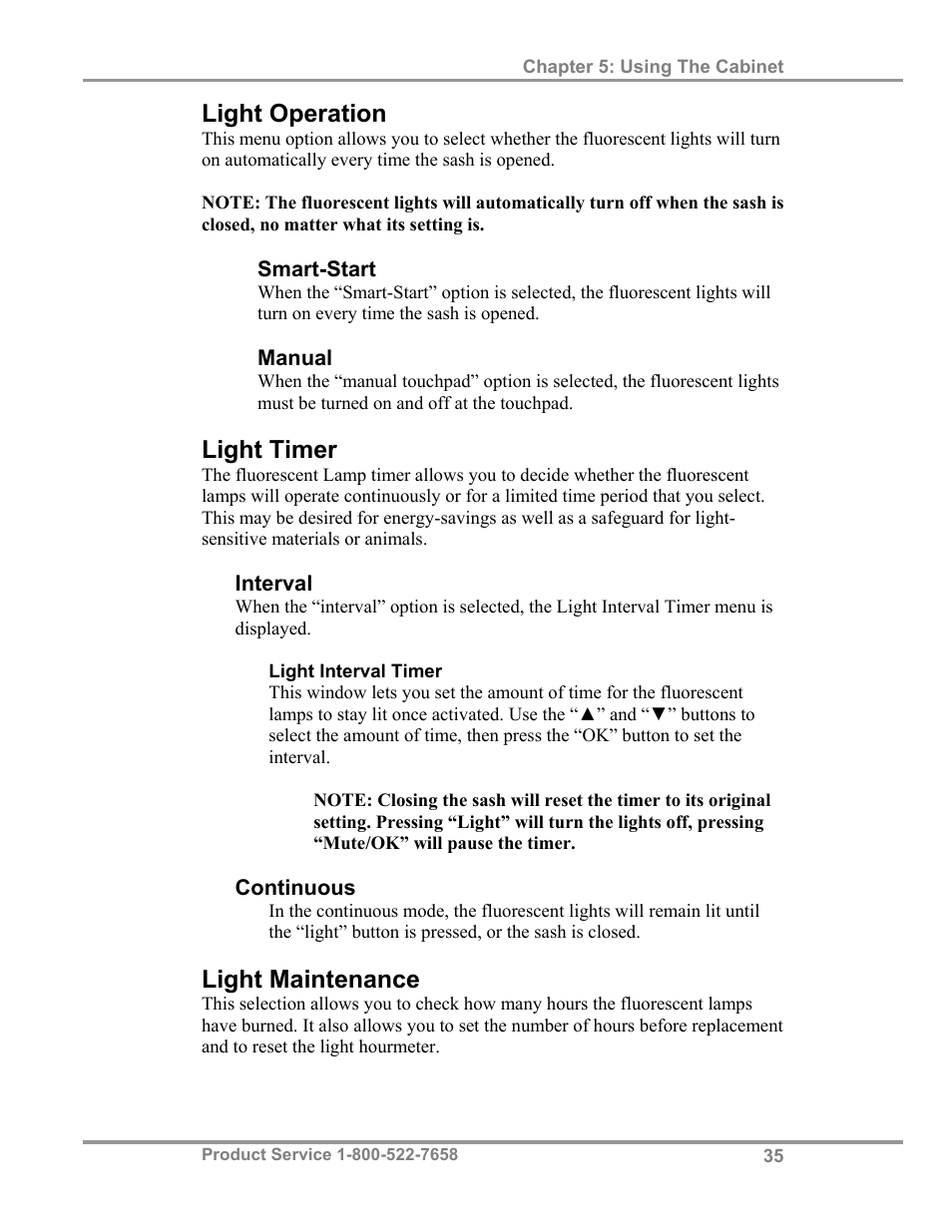 Light operation, Light timer, Light maintenance | Labconco Biological Safety Cabinets 34610 Series User Manual | Page 40 / 67