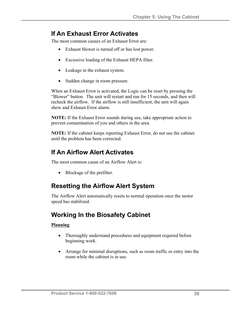 If an exhaust error activates, If an airflow alert activates, Resetting the airflow alert system | Working in the biosafety cabinet | Labconco Biological Safety Cabinets 34610 Series User Manual | Page 44 / 67