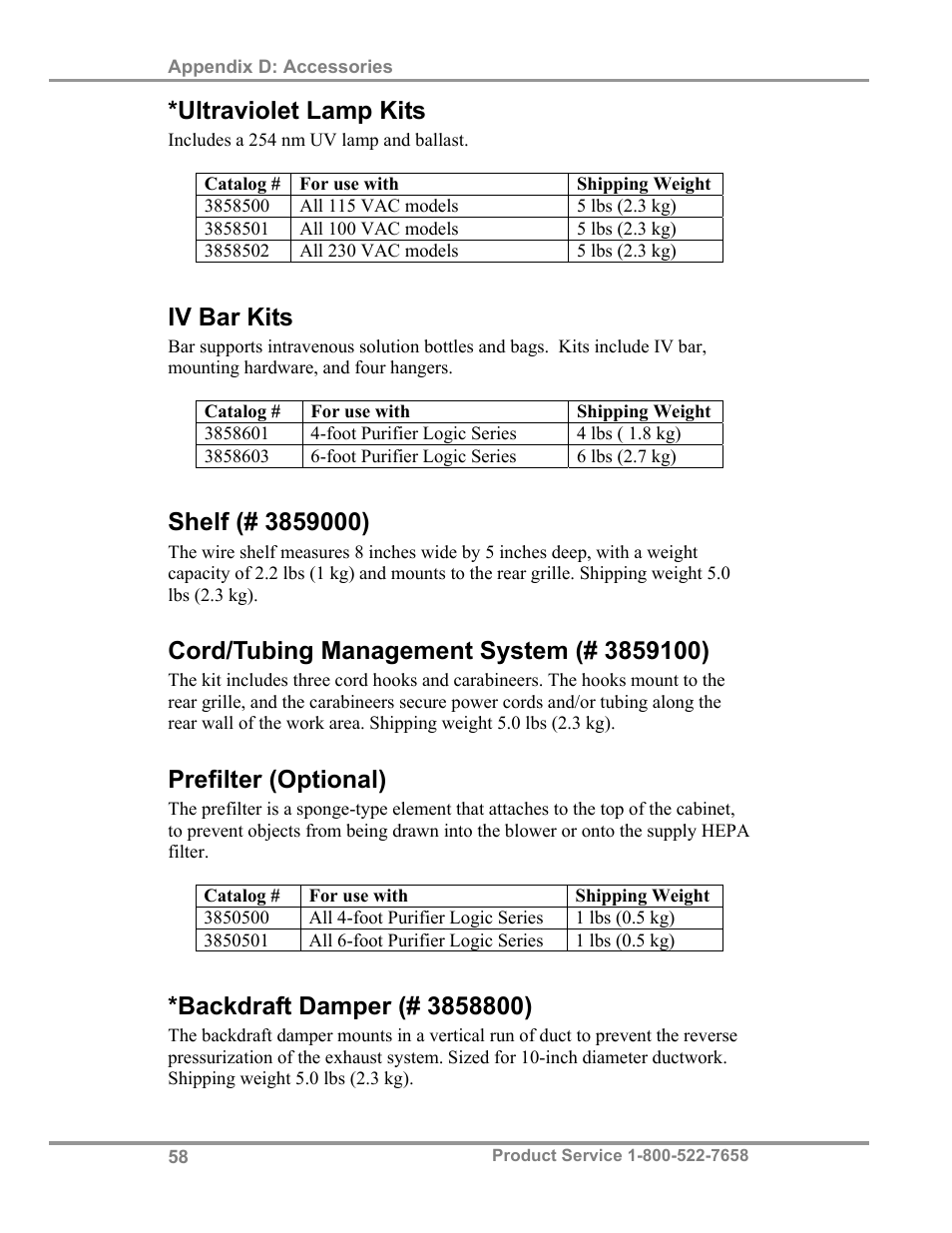 Ultraviolet lamp kits, Iv bar kits, Prefilter (optional) | Labconco Biological Safety Cabinets 34610 Series User Manual | Page 63 / 67