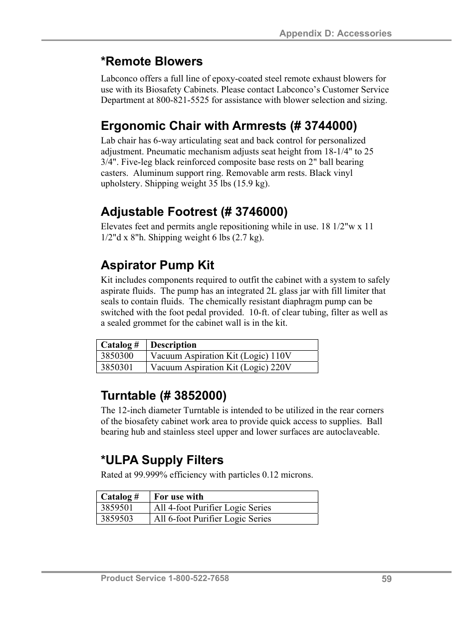 Remote blowers, Aspirator pump kit, Ulpa supply filters | Labconco Biological Safety Cabinets 34610 Series User Manual | Page 64 / 67