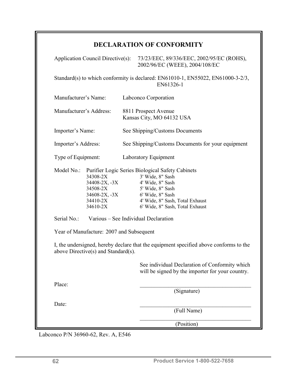 Declaration of conformity | Labconco Biological Safety Cabinets 34610 Series User Manual | Page 67 / 67
