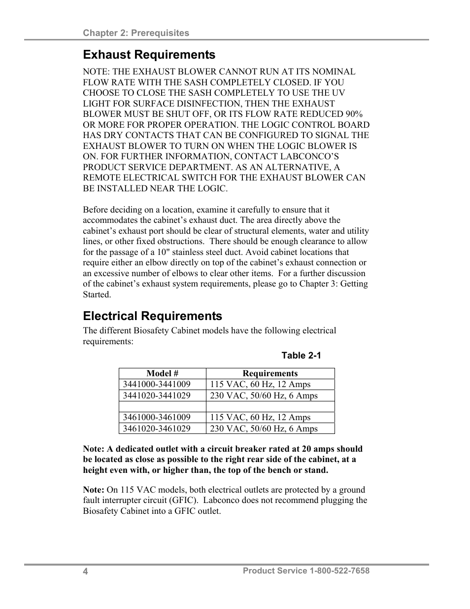 Exhaust requirements, Electrical requirements | Labconco Biological Safety Cabinets 34610 Series User Manual | Page 9 / 67