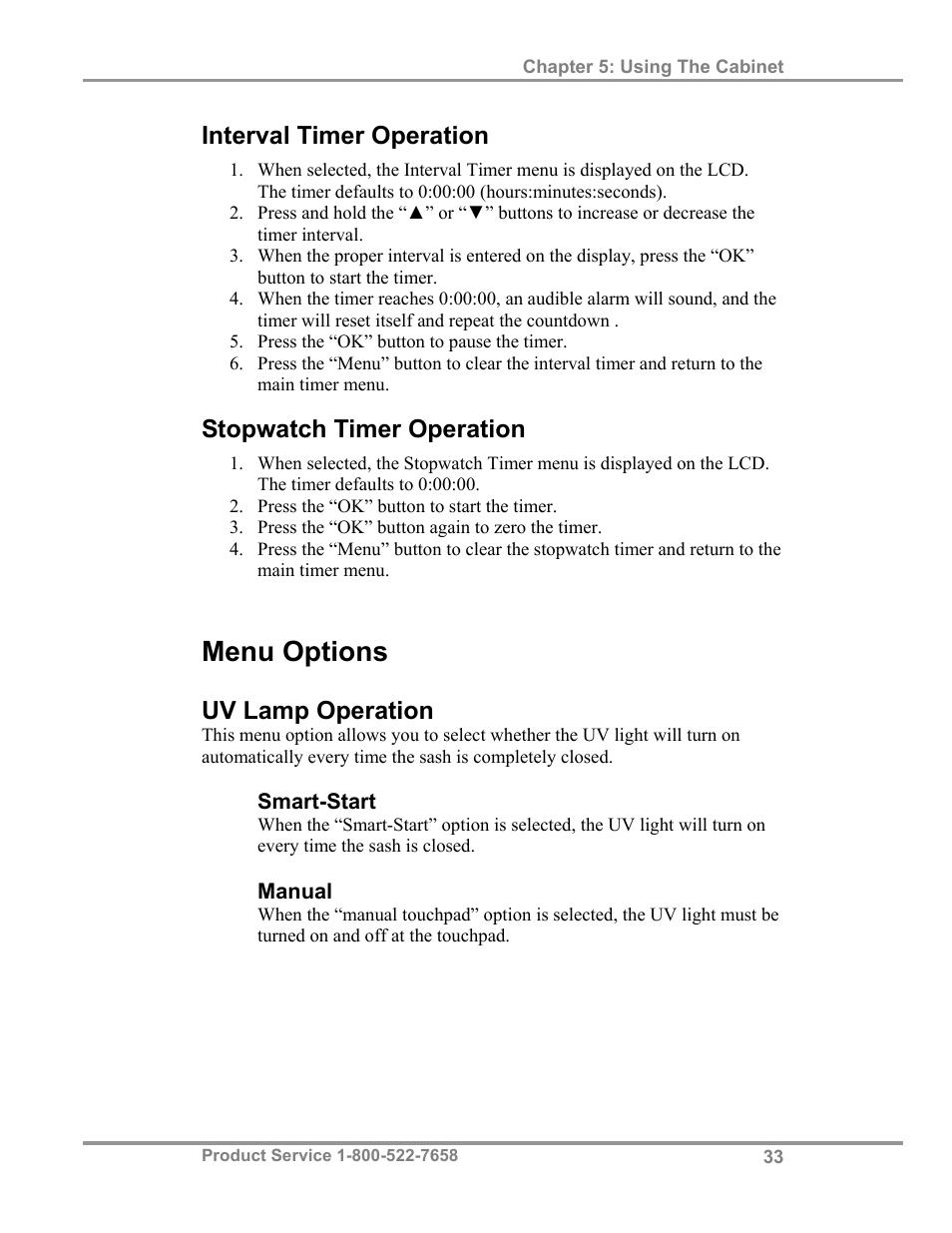Menu options, Interval timer operation, Stopwatch timer operation | Uv lamp operation | Labconco Biological Safety Cabinets 34608 Series User Manual | Page 38 / 69