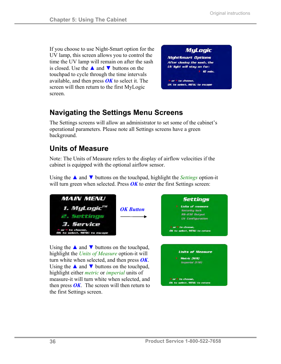 Navigating the settings menu screens, Units of measure | Labconco Total Exhaust Biological Safety Cabinets 34368 Series User Manual | Page 42 / 76