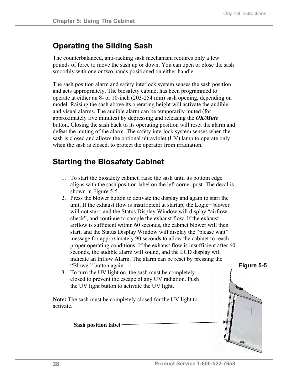 Operating the sliding sash, Starting the biosafety cabinet | Labconco Total Exhaust Biological Safety Cabinets 30368 Series User Manual | Page 34 / 64