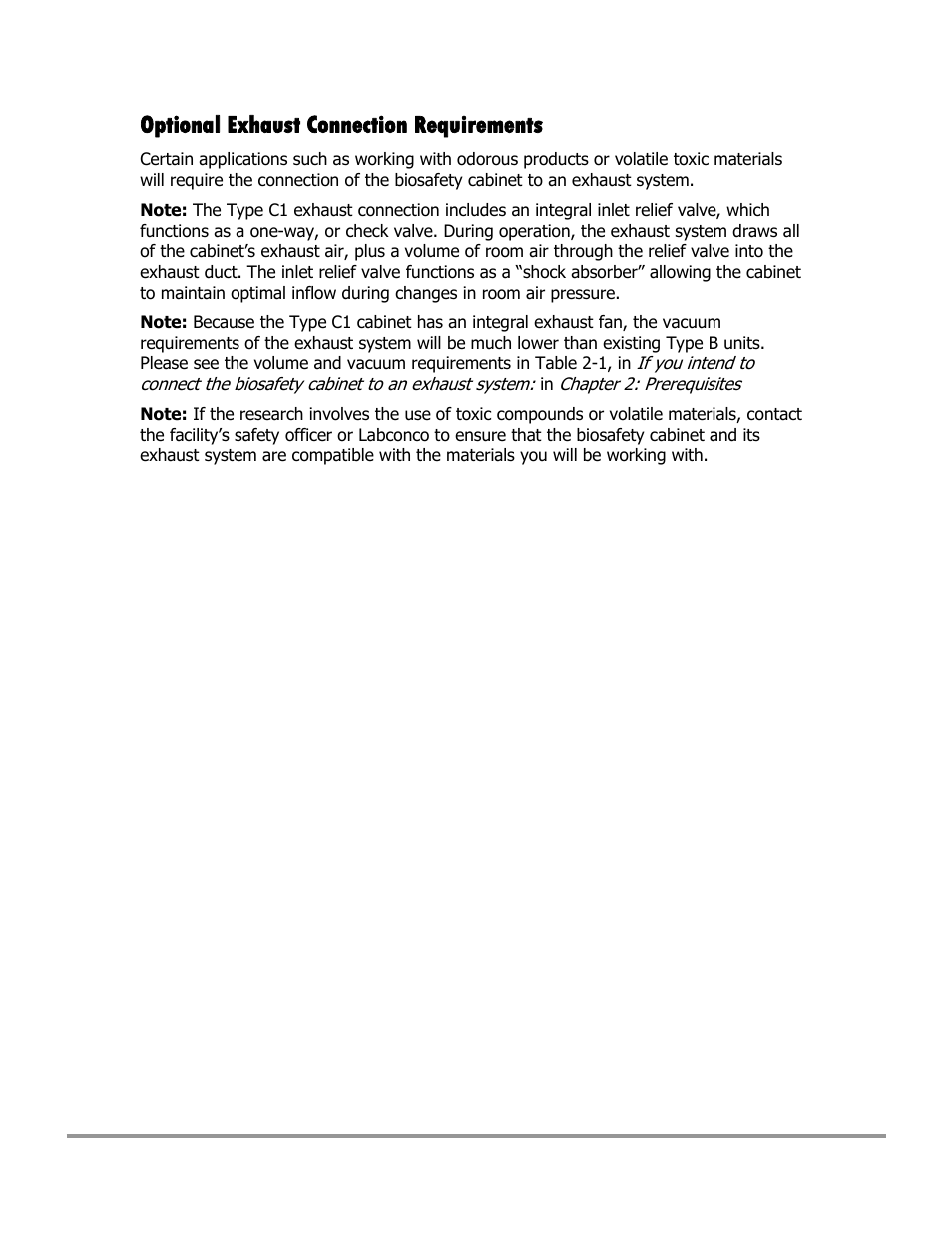 Optional exhaust connection requirements | Labconco Type C1 Biosafety Cabinet Models 30468 User Manual | Page 49 / 155
