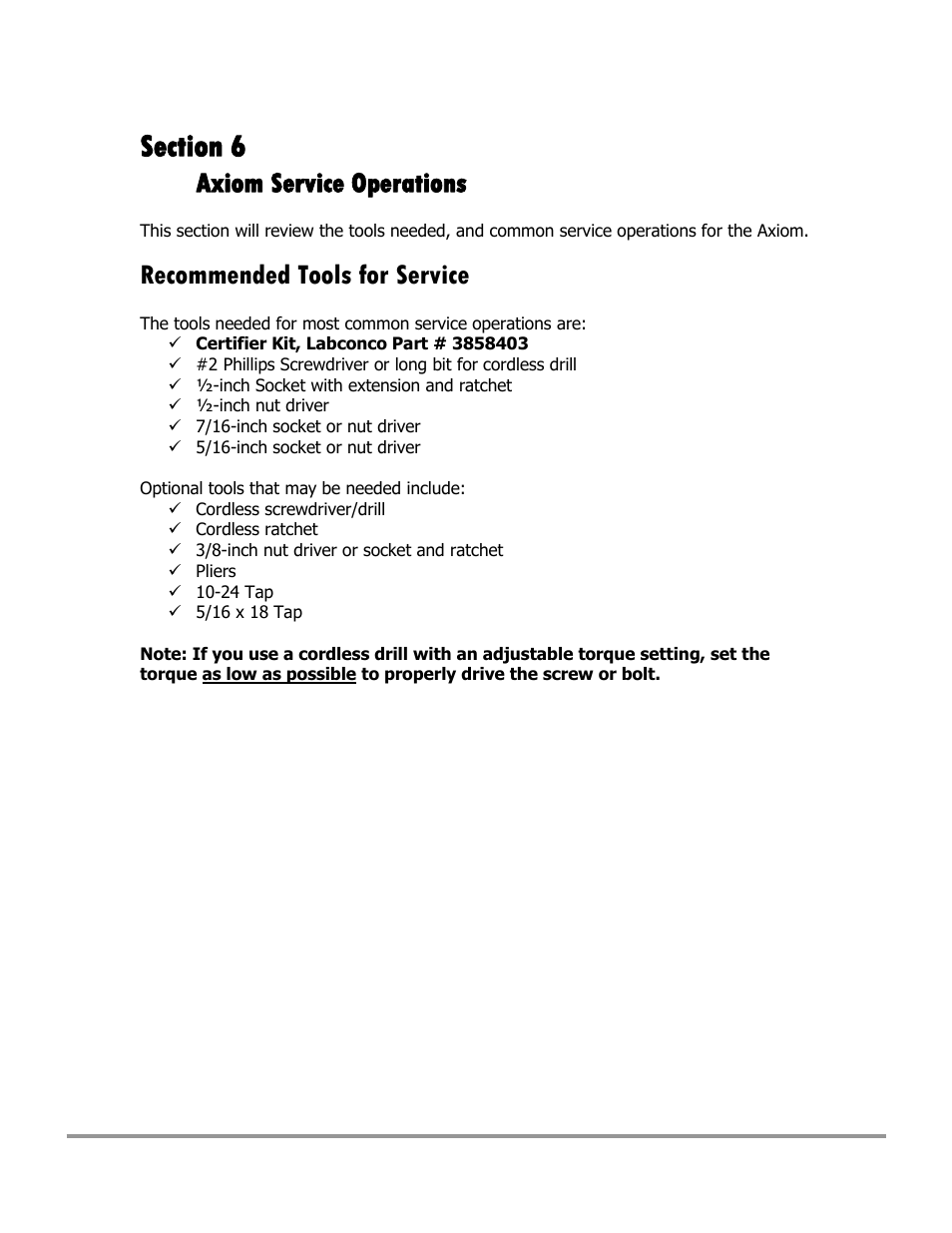 Axiom service operations, Recommended tools for service | Labconco Type C1 Biosafety Cabinet Models 30468 User Manual | Page 93 / 155