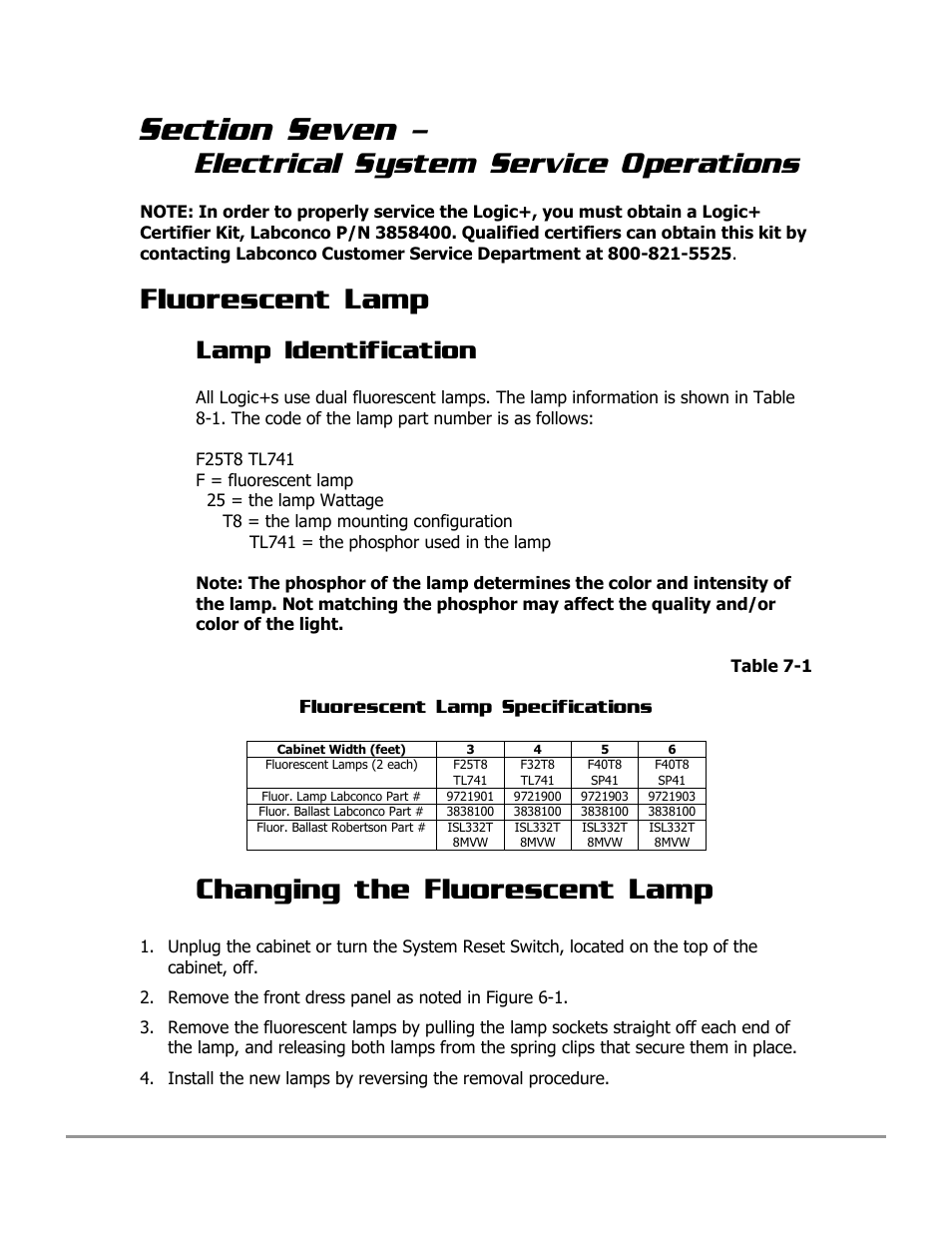 Electrical system service operations, Fluorescent lamp, Changing the fluorescent lamp | Lamp identification | Labconco PURICARE Procedure Station Models 31260 User Manual | Page 121 / 172