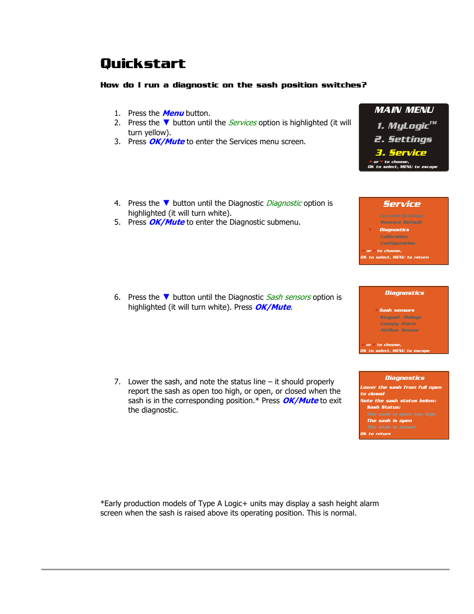 Quickstart, Main menu 1. mylogic, Settings 3. service | Service | Labconco PURICARE Procedure Station Models 31260 User Manual | Page 15 / 172