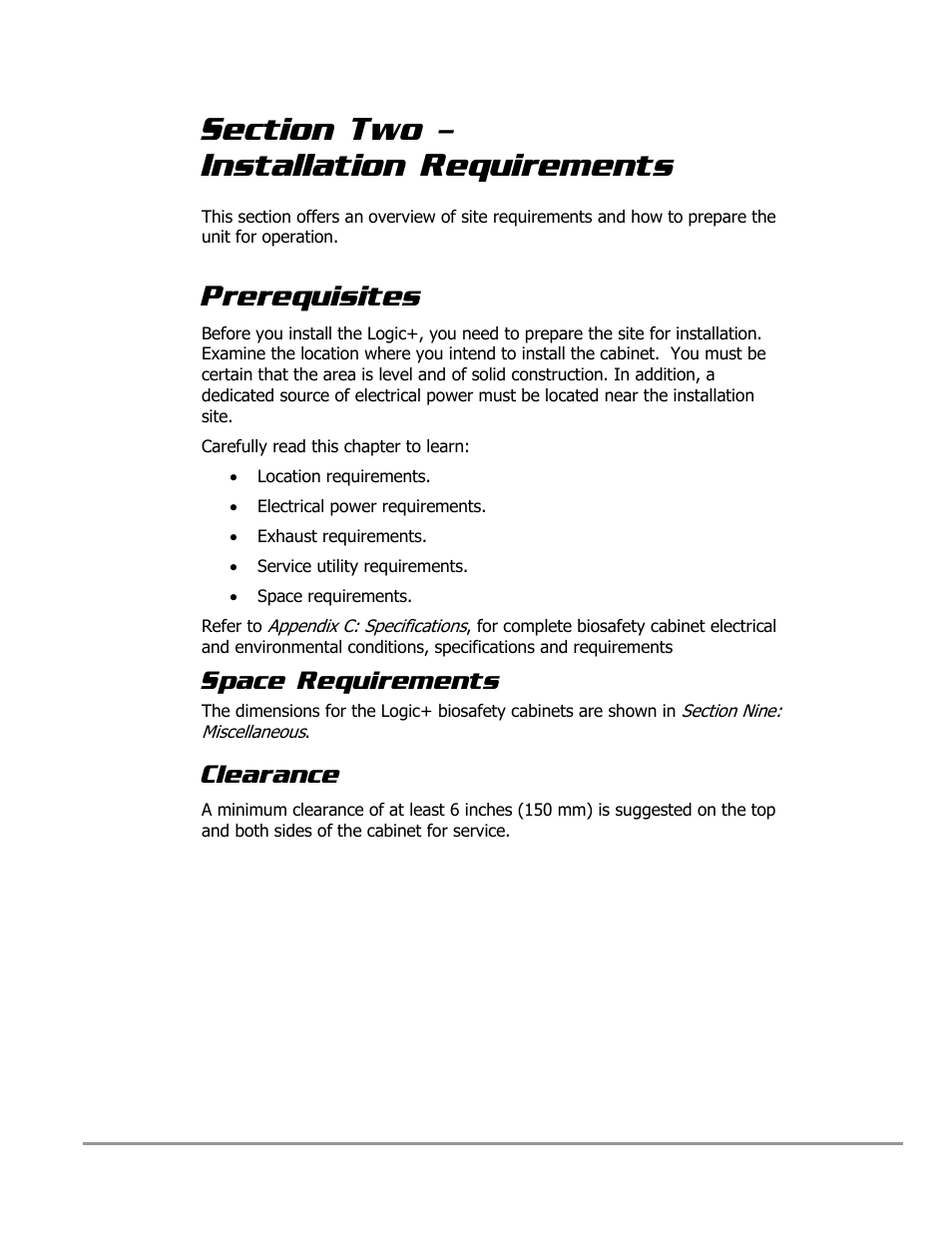 Prerequisites, Space requirements, Clearance | Labconco PURICARE Procedure Station Models 31260 User Manual | Page 45 / 172