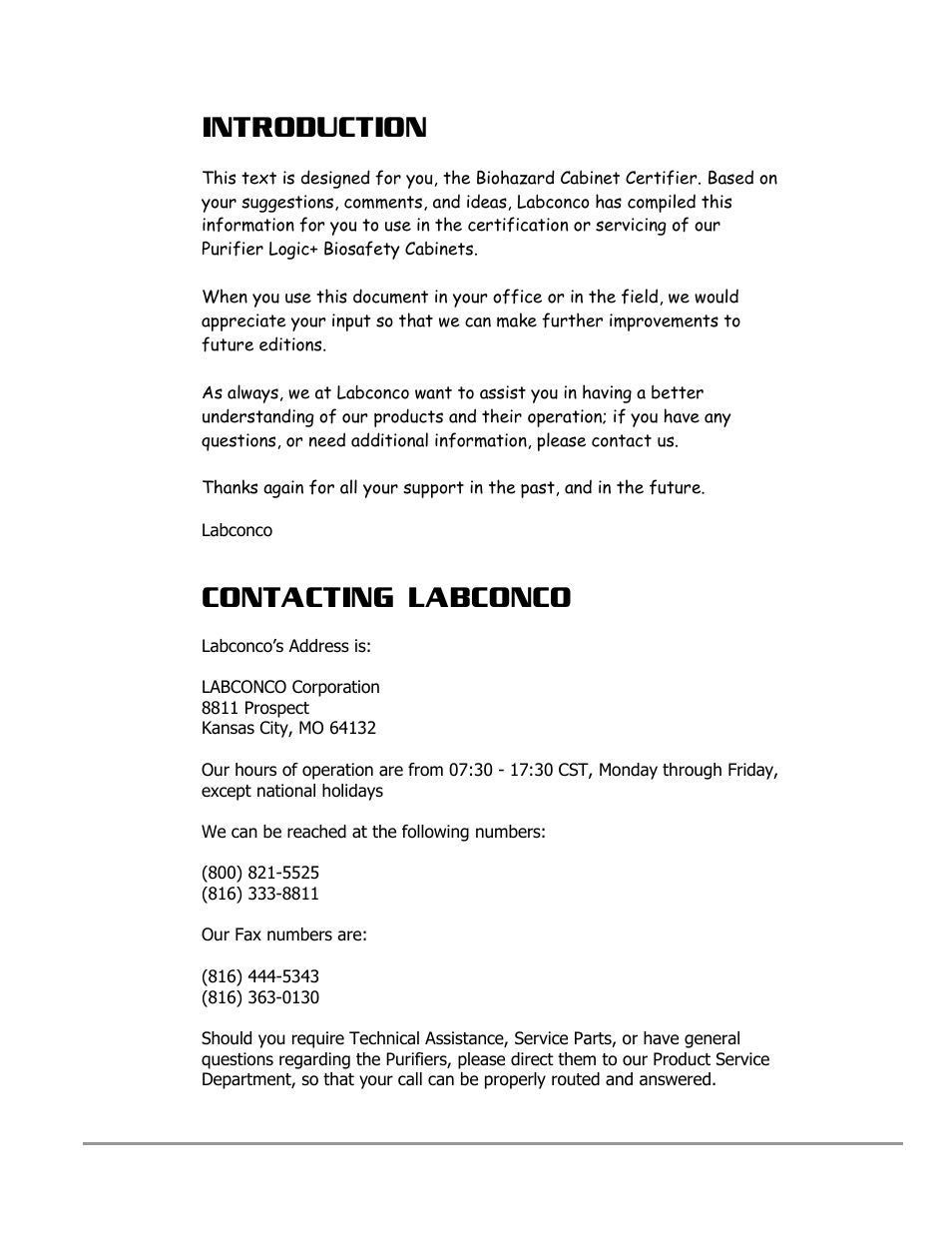 Introduction, Contacting labconco | Labconco PURICARE Procedure Station Models 31260 User Manual | Page 7 / 172