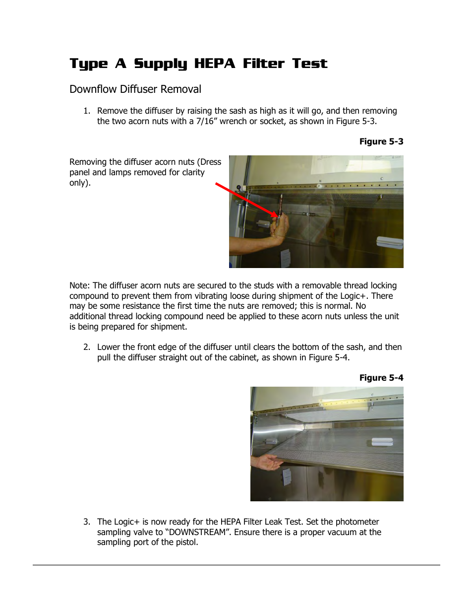 Type a supply hepa filter test, Downflow diffuser removal | Labconco PURICARE Procedure Station Models 31260 User Manual | Page 75 / 172