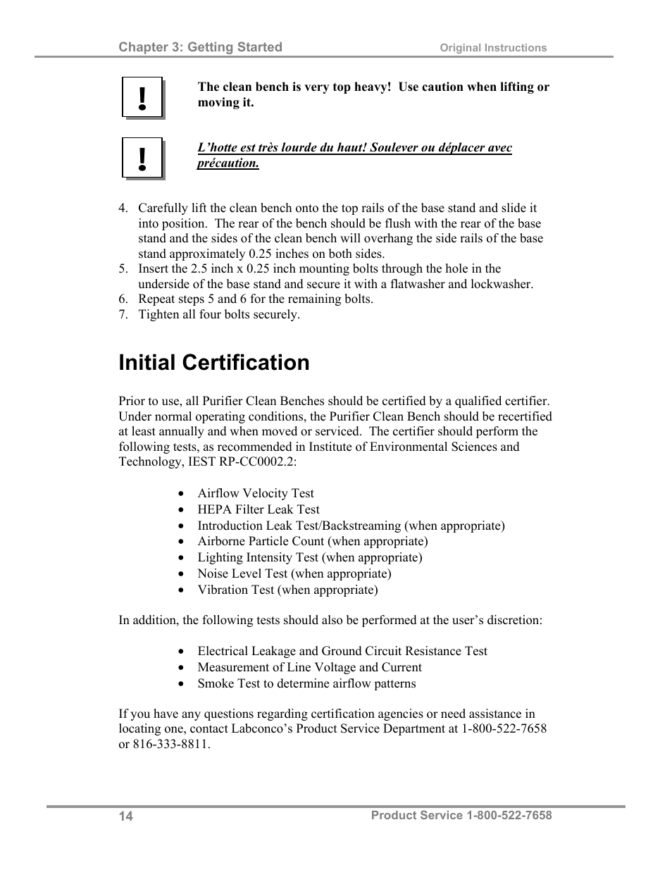 Initial certification | Labconco Purifie Horizontal Clean Benches 38185 Series, 8' User Manual | Page 18 / 53
