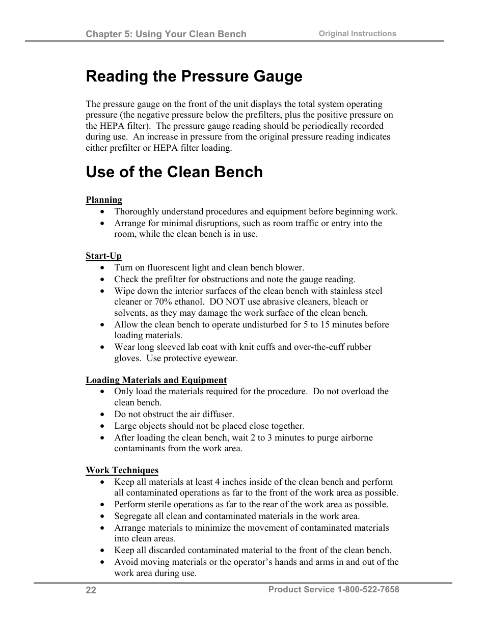 Reading the pressure gauge, Use of the clean bench | Labconco Purifie Horizontal Clean Benches 38185 Series, 8' User Manual | Page 26 / 53