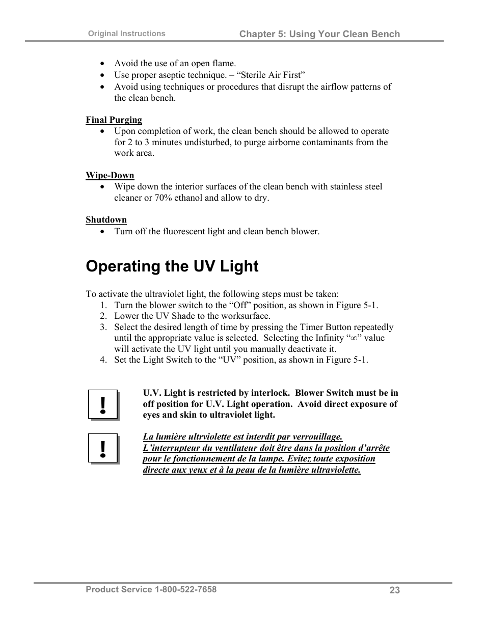 Operating the uv light | Labconco Purifie Horizontal Clean Benches 38185 Series, 8' User Manual | Page 27 / 53