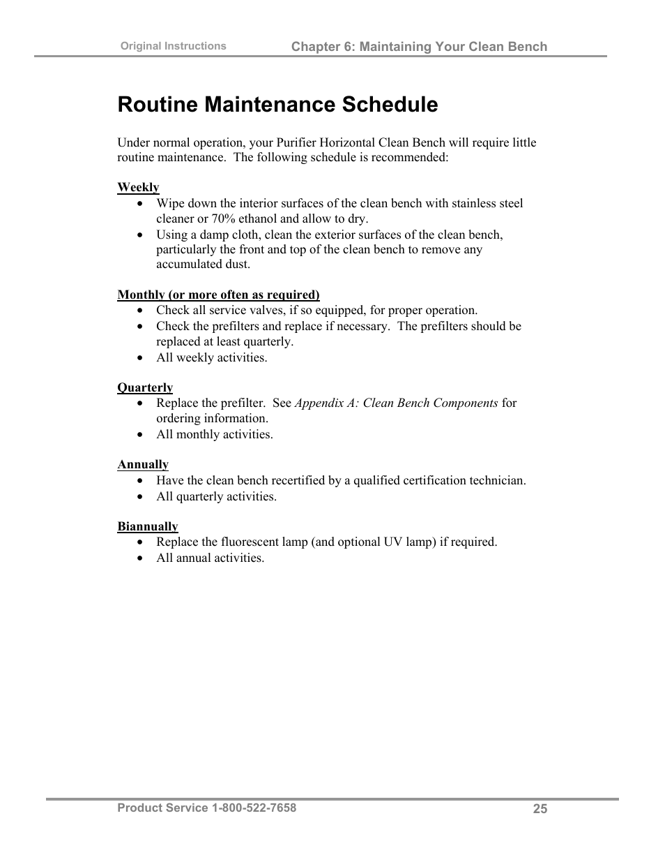 Routine maintenance schedule | Labconco Purifie Horizontal Clean Benches 38185 Series, 8' User Manual | Page 29 / 53