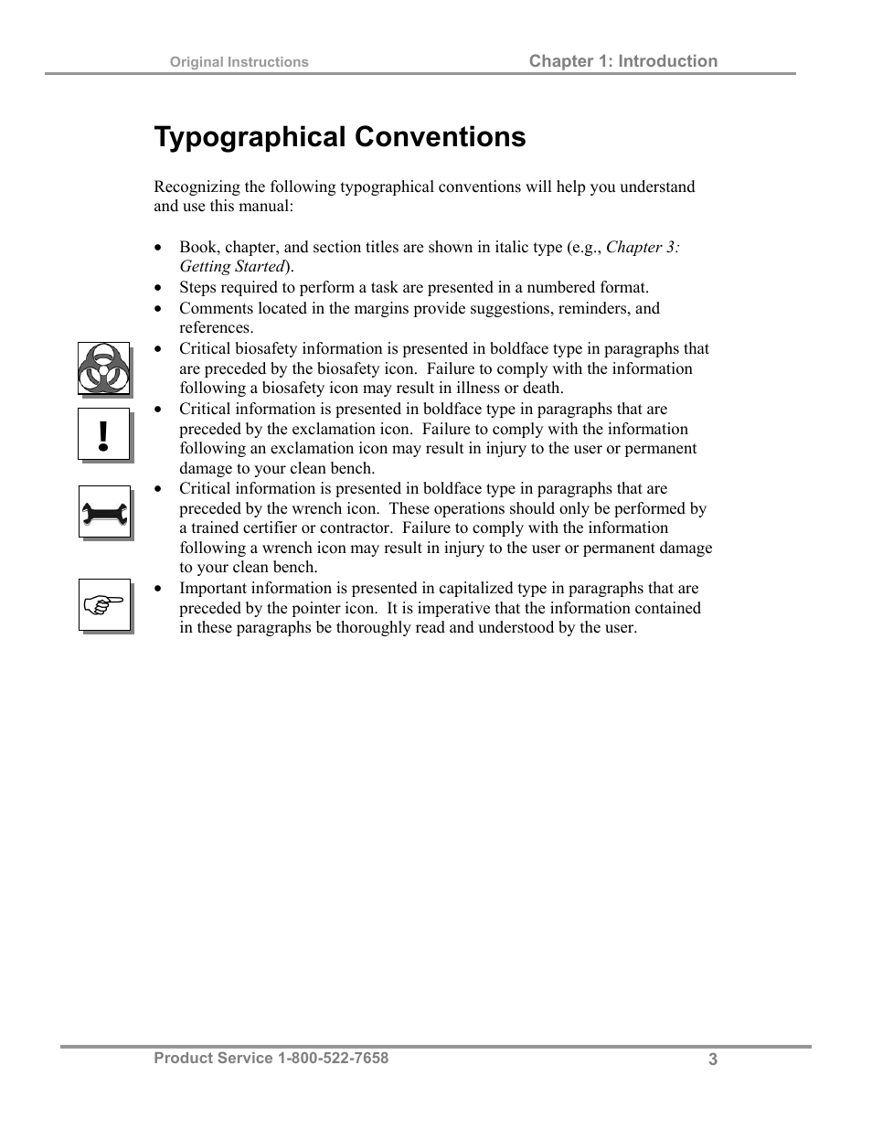 Typographical conventions | Labconco Purifie Horizontal Clean Benches 38185 Series, 8' User Manual | Page 7 / 53
