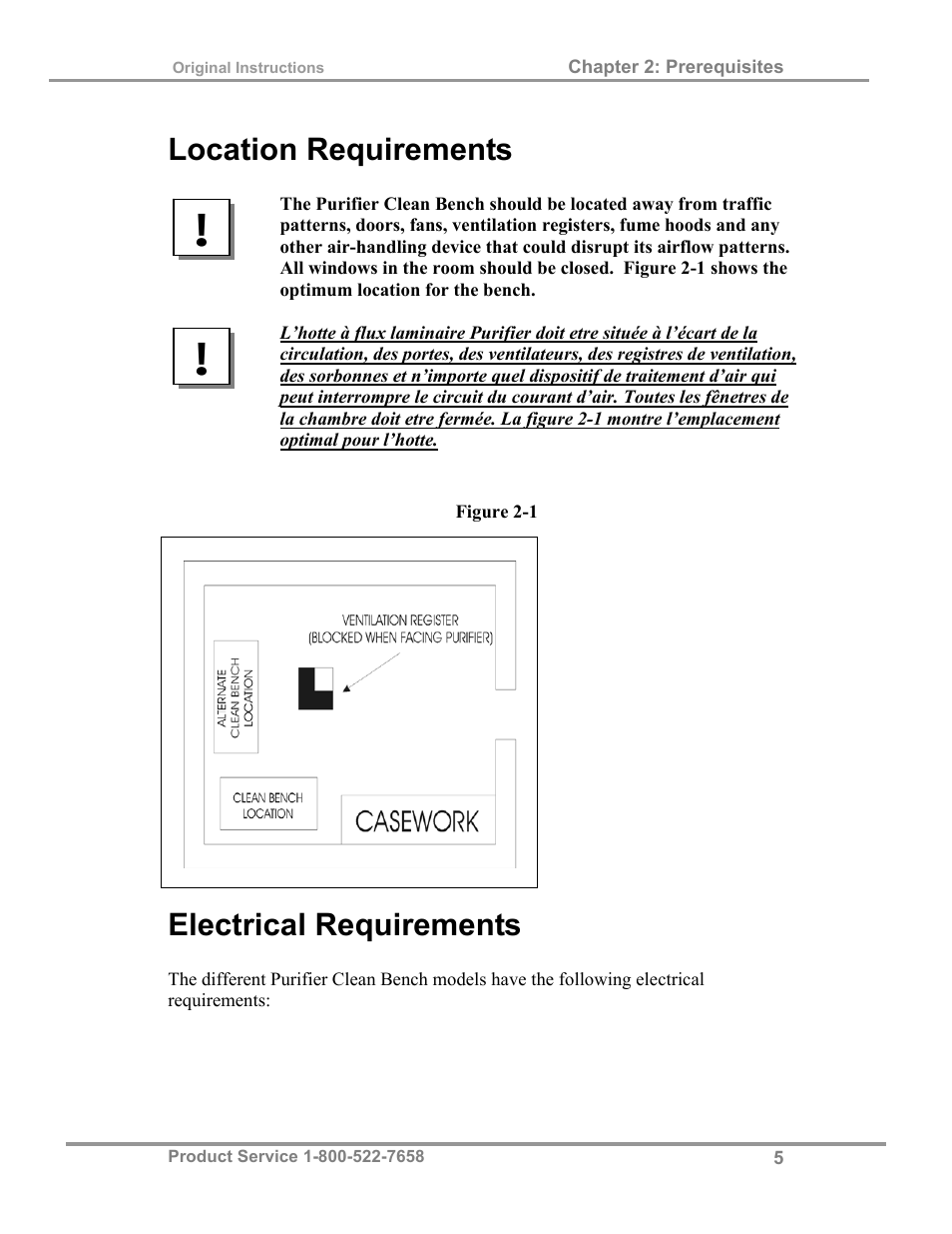 Location requirements, Electrical requirements | Labconco Purifie Horizontal Clean Benches 38185 Series, 8' User Manual | Page 9 / 53