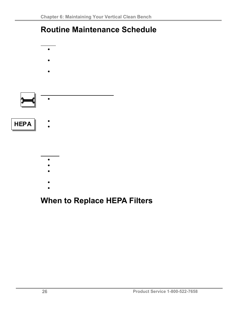 Routine maintenance schedule, When to replace hepa filters, Hepa | Labconco Purifie Horizontal Clean Benches 3970424 User Manual | Page 30 / 57
