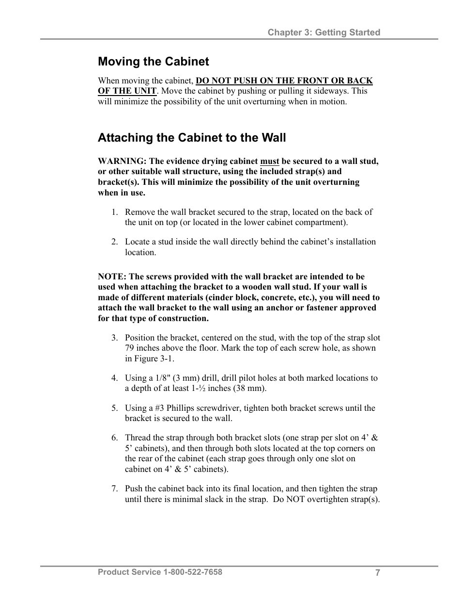 Moving the cabinet, Attaching the cabinet to the wall | Labconco Protecto Series Evidence Drying Cabinets 3400004 User Manual | Page 11 / 43