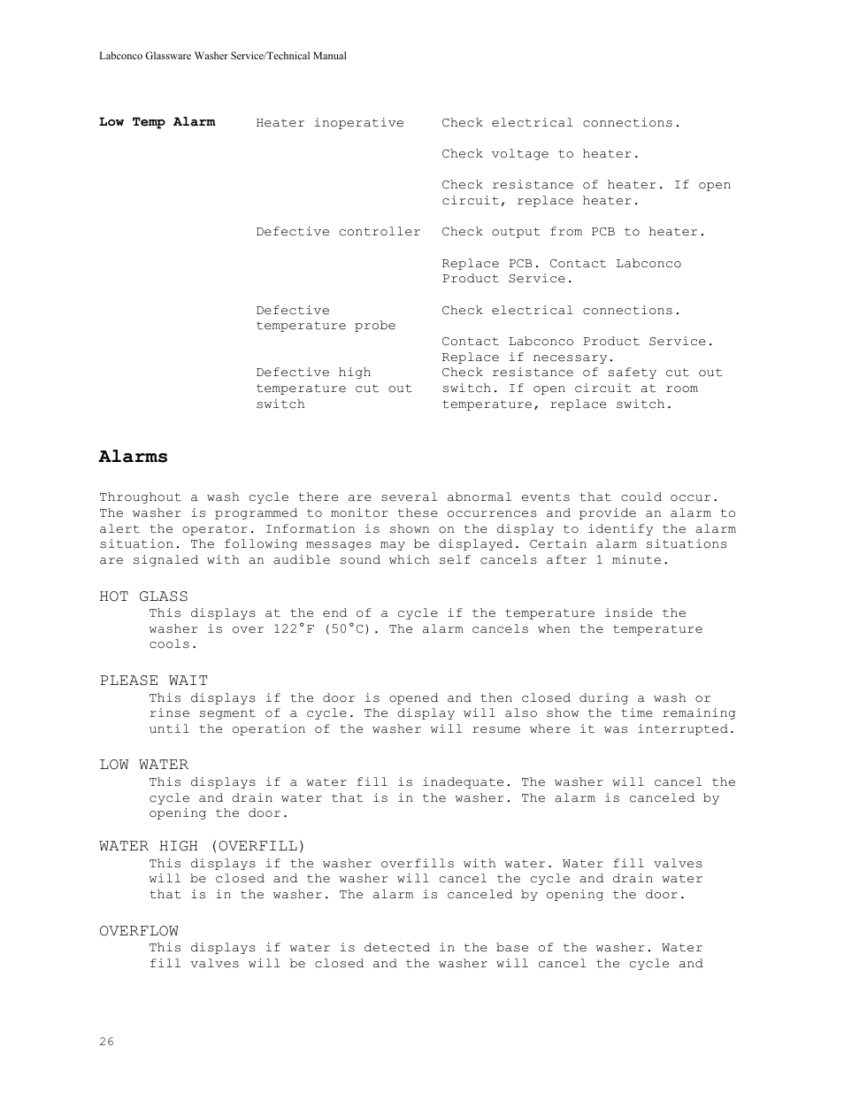 Alarms | Labconco SteamScrubbe & FlaskScrubbe Glassware Washers 44204 Series User Manual | Page 32 / 81