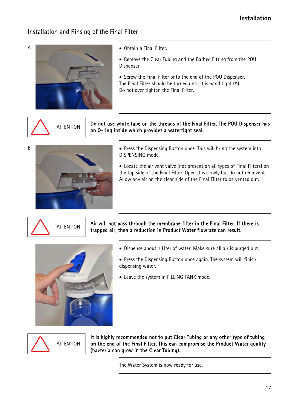 Installation and rinsing of the final filter, Ion installation and, Rinsing of the final filter | Installation | Labconco WaterPr BT Systems 90151 Series User Manual | Page 25 / 74