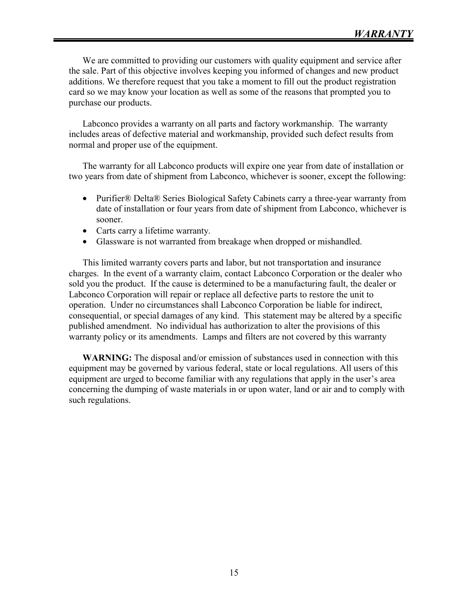 Warranty | Labconco Crude Fiber Digestion Apparatus 30002 User Manual | Page 14 / 16