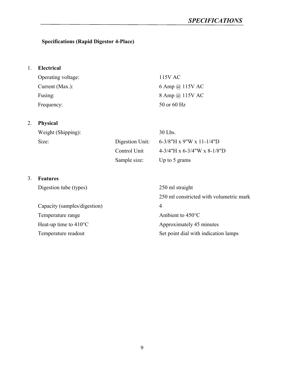 Physical, Features | Labconco Rapid Digestors 23080 User Manual | Page 8 / 30
